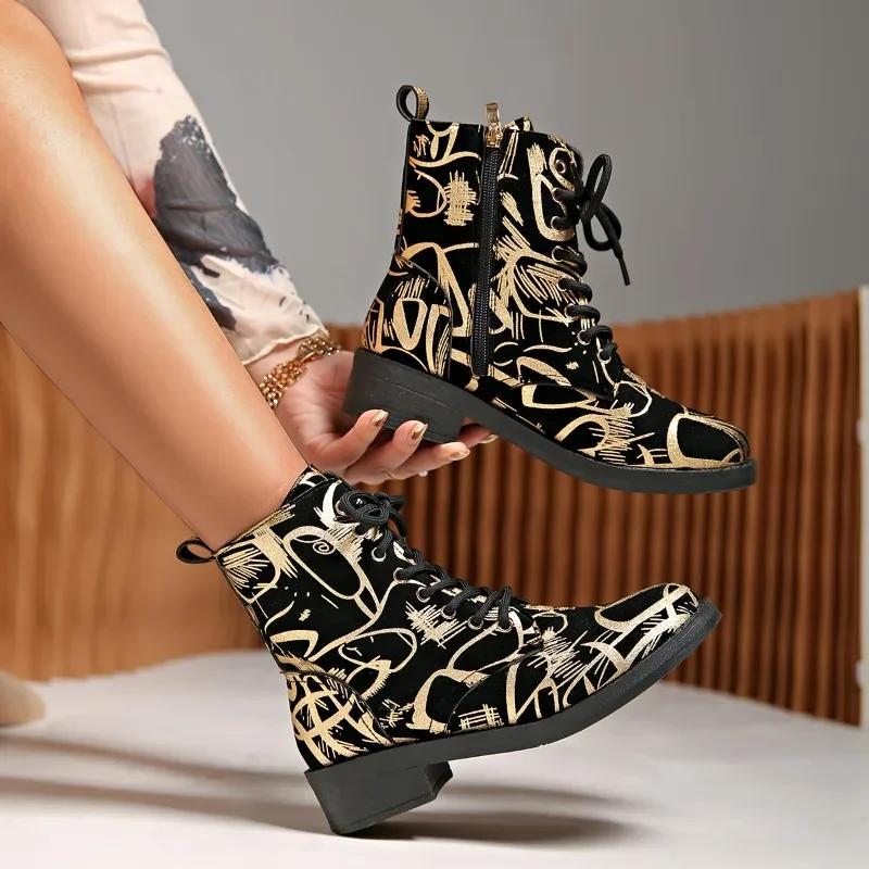 2024 Fashion Shoes for Women Lace Up Women's Boots Round Toe Mixed Colors Printing Short Barrel Low Heels Large Size Woman Boots