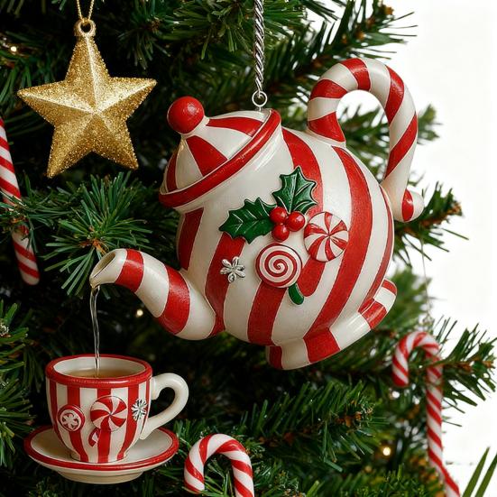 Christmas Teapot Ornament Holly Vintage Tea Cups And Pot Set Xmas Tree Hanging Ornaments 2D Acrylic Teapot Decor with Pouring Tea Effect