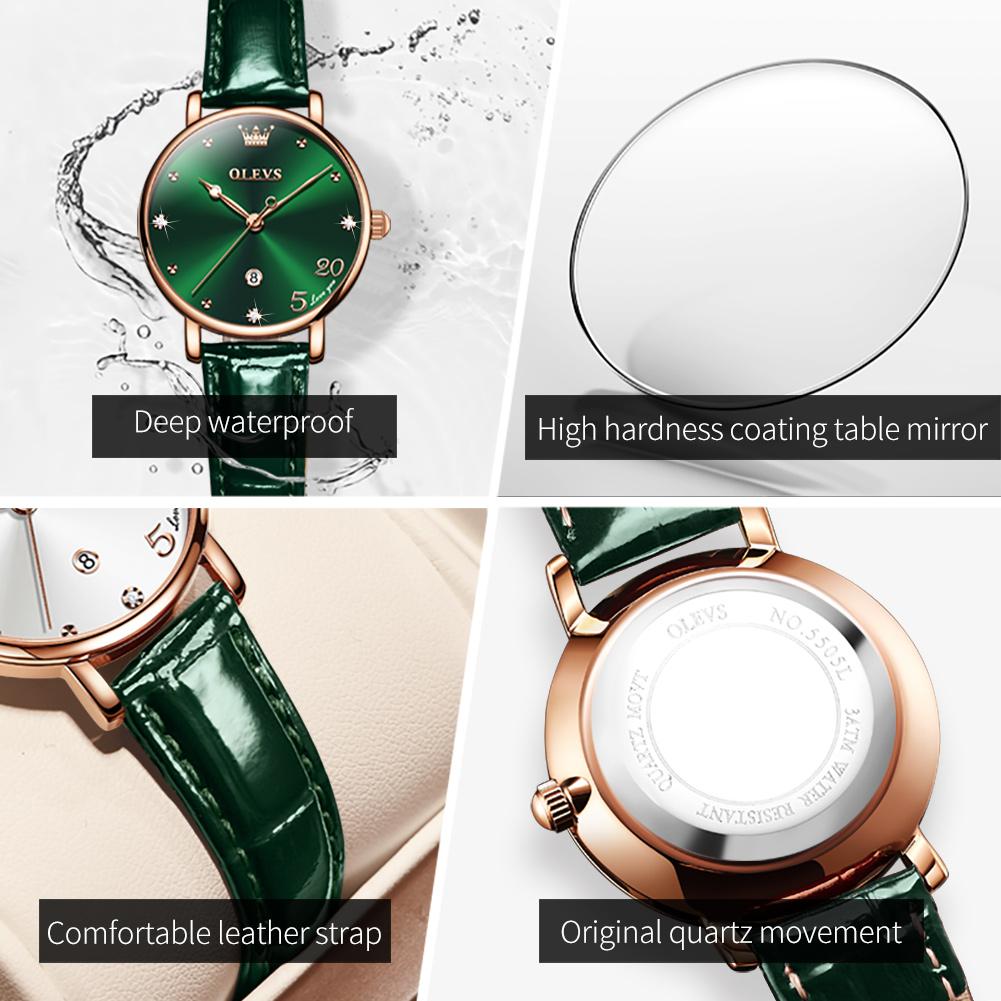 OLEVS Valentine's Day Gift 2023 New Fashion Quartz Small Green Watch Simple Belt Women's Watch