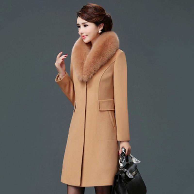 Korean Version of The New Woolen Women's Coat Medium and Long Woolen Fur Collar Trench Coat
