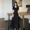Retro Black Square Neck Short-sleeved Dress for Women's New Summer Models Can Be Worn Three Times, Waist and Thin Skirt
