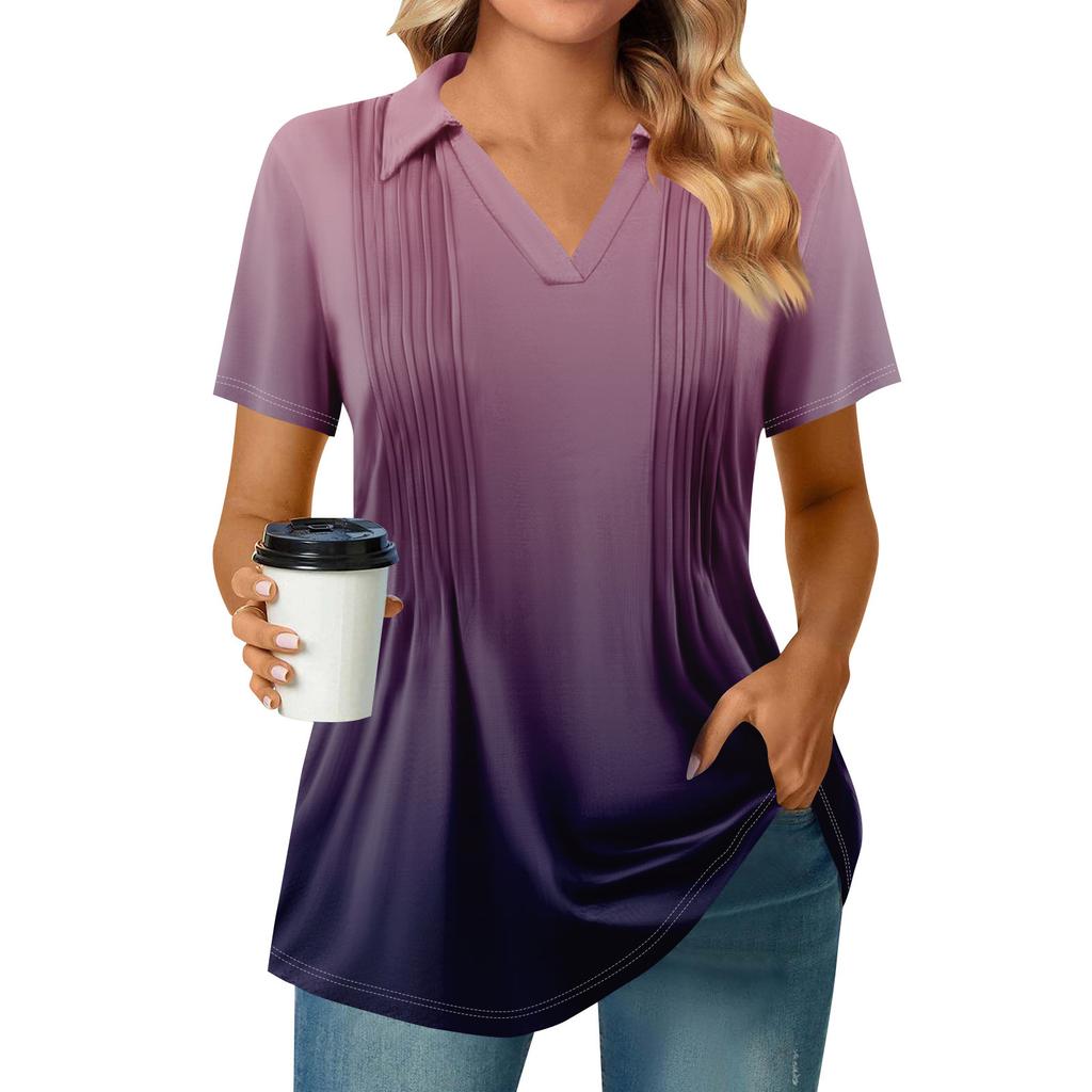 Womens Short Sleeve T Shirts Pleated V Neck Printing Tee Collared Summer Tops Fashion Business Casual Work