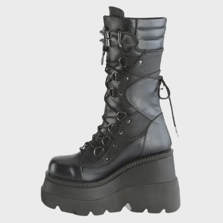 Женские рыцарские сапоги на танкетке в стиле панк 2022 года — большой размер, европейский/американский, толстая подошва, до середины икры.