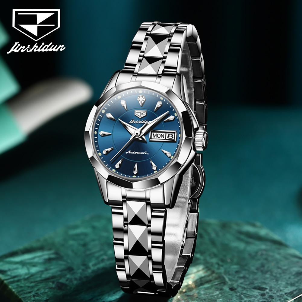 JINSHIDUN New Business and Leisure Ladies Watch Fully Automatic Mechanical Watch Tungsten Steel Double Calendar Luminous Waterproof High-end Watch
