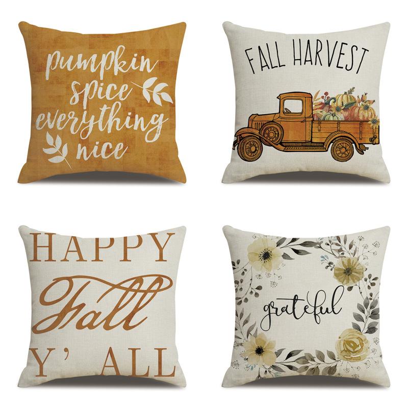 Thanksgiving Linen Pillowcase Autumn Pumpkin Print Pillow Cushion Cover