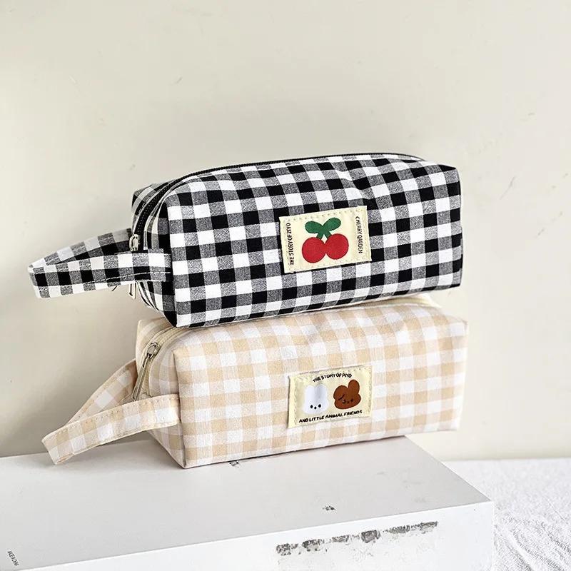 Checkboard Embroidery Pencil Bag Portable Stationery Bag High Capacity Kawaii Pens Women Girls Makeup Bags School Supplies