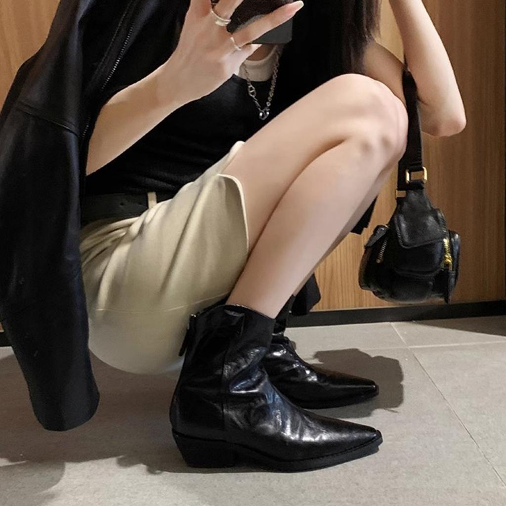 Кожаные винтажные ботильоны с острым носком, женские французские ботильоны на толстом каблуке, облегающие ботильоны на молнии сзади, ковбойские ботильоны 2025, ботинки Мартина.