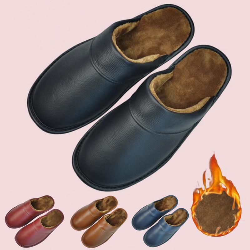 Fleece Warm Winter Cow Split Leather Unisex Handmade Slippers Slip On Soft Comfortable Bedroom Indoor Flats Men Women Padded Warm Slippers Shoes