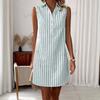 Women's Fashion Summer Spring Stripe Print Sleeveless POLO Neck Loose Waistline Casual Dresses