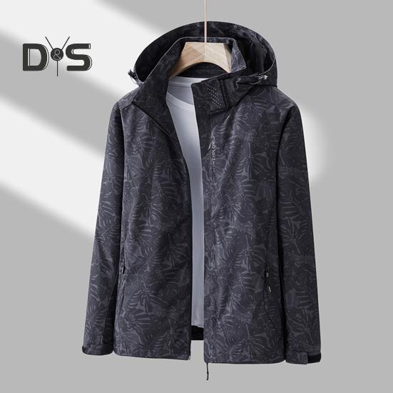 Women Jacket Stand Collar Detachable Hood Long Sleeve Casual Coat with Pockets Maple Leaves Print Zipper Placket Outwear