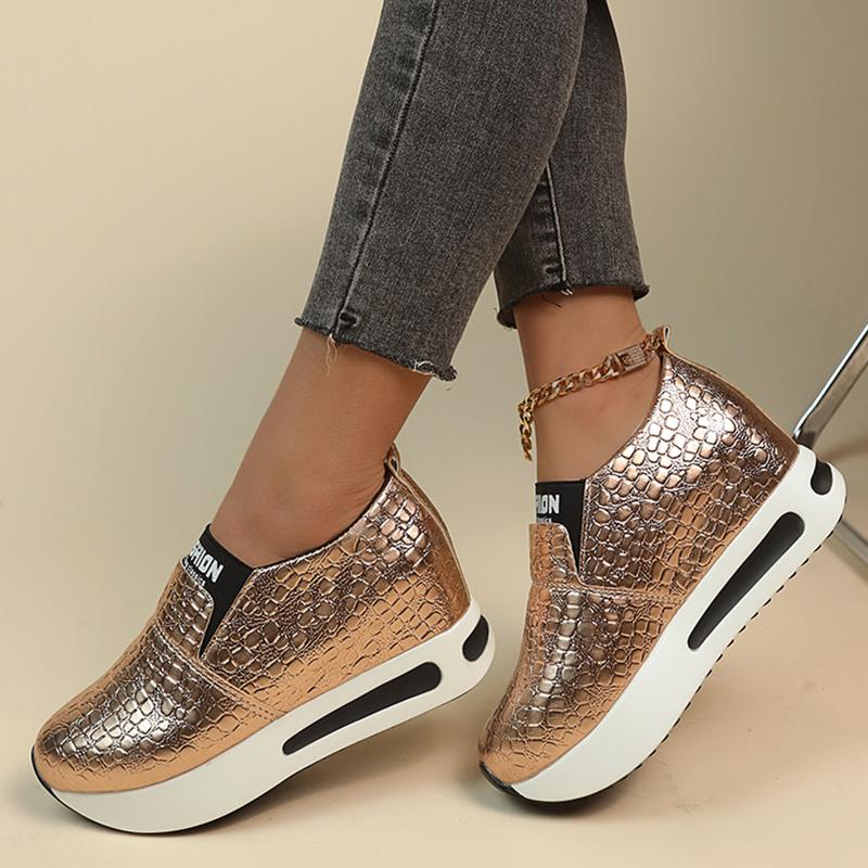 Silver Gold Snake Pattern Sneakers Women 2024 Spring Slip On Height Increase Sneaker Woman Plus Size Pu Leather Loafers Shoes 42