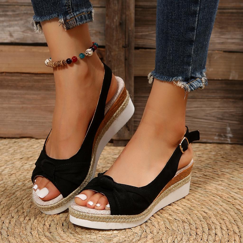 Foreign Trade New Suede Hemp Rope Bow Wedge Sandals Women's Shoes Casual Wedge Heel Platform Sandals Women's Shoes