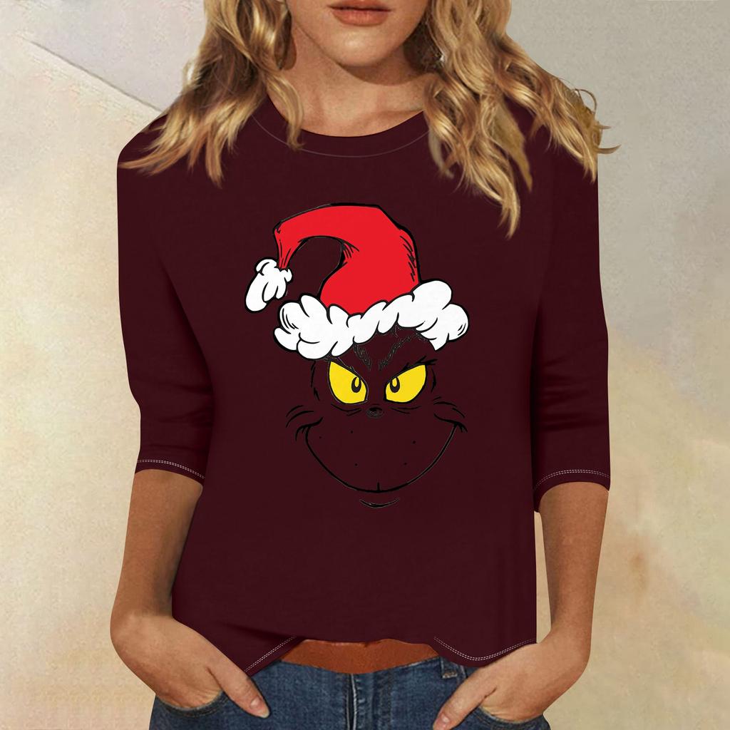 3/4 рукава топы для женщин футболка повседневные рождественские принты топы футболка круглый вырез пуловер блузка