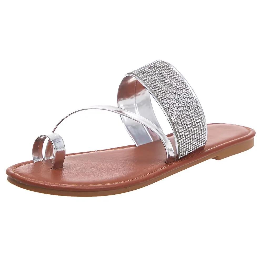 New Summer Sandals for Women Flat Sandal Sparkle Rhinestone Slide Trendy Women's Beach Sparkly Dressy Slip On Bling Casual Shoes