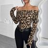 Spring Ladies Sexy Leopard Printed Strapless Long Sleeve T-Shirt