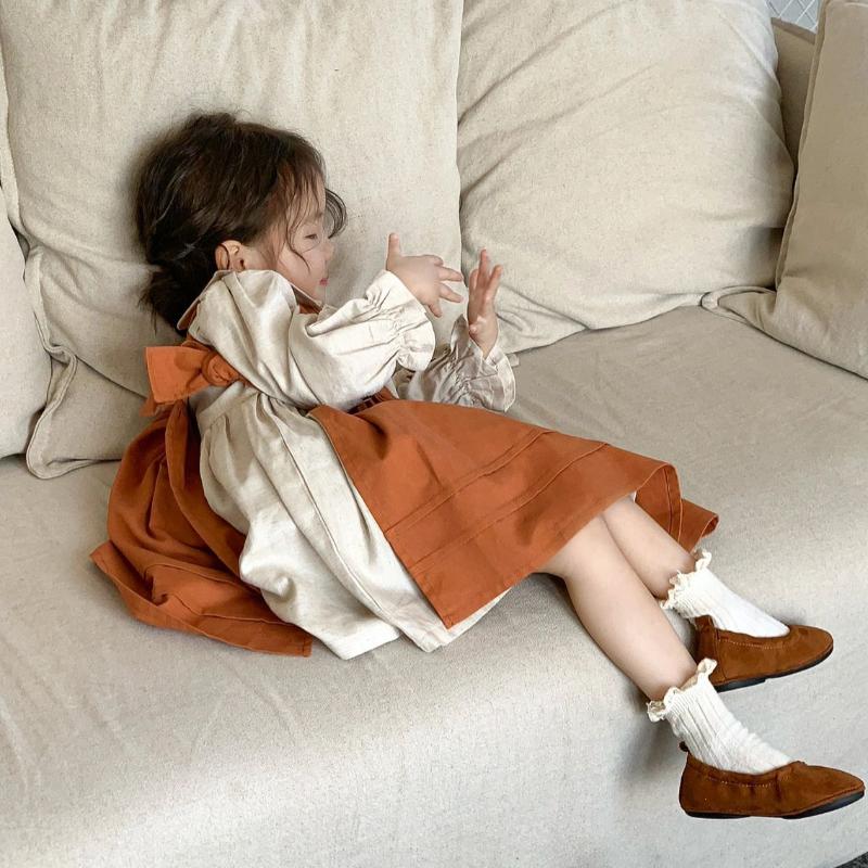 Girl Princess Dress 2023 Spring Autumn New Korean Kids Orange and Beige Retro Cotton Linen Embroidered Dresses Two Piece Set