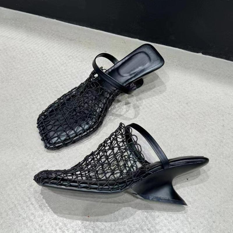 Sexy Hollow Out Mesh Square Toe Mules Women Shoes Pumps Slippers Fashion Strange Wedges Heels Slides Sandal Female Black