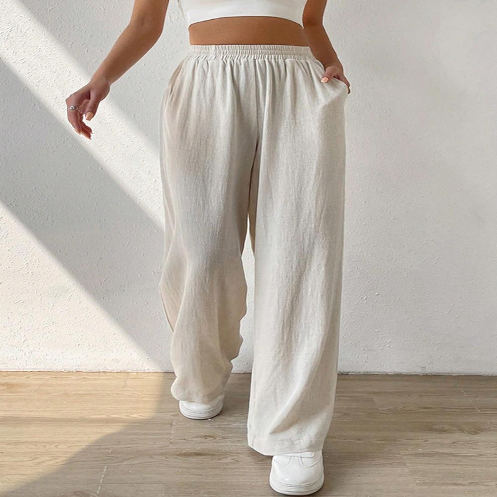 Straight-leg Trousers, Loose-fitting Home Casual Trousers, Mid-rise Solid Color Wide-leg Trousers