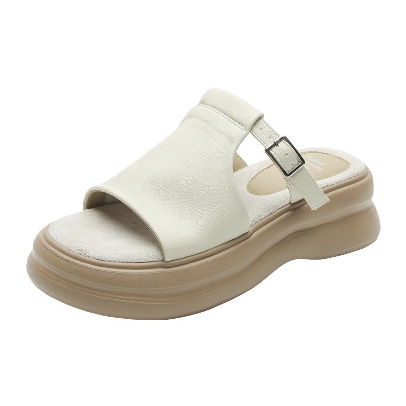 Retro Soft Bottom Outer Wear Casual Cool Slippers Women's Summer New Open-toe Buckle Thick Bottom Heightening Slippers Flat Bottom Comfortable