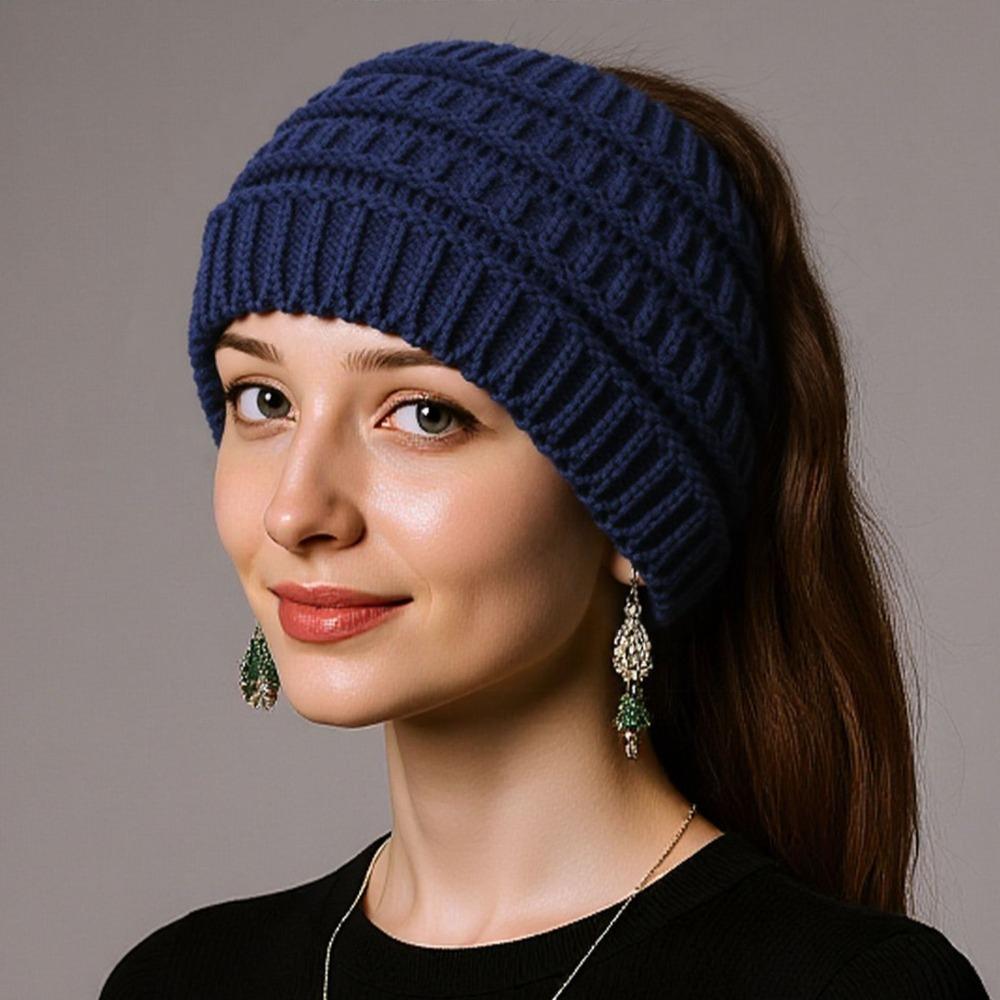 Solid Color Ponytail Beanie Hat Headwear Women's Hat Warm Knitted Hat  Winter