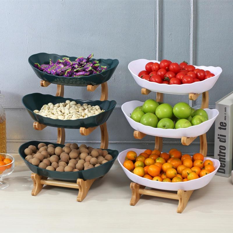Double/Three Layer Modern Wooden Living Room Multi-layer Snack Net Plastic Fruit Plate Wooden Three-layer Dessert Plate