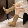 New Style Hollow Embroidered Vintage Western Boots Women Autumn Chunky Heels Knee High Cowboy Boots Woman Leather Knight Boots