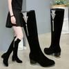 Fashion Women Rhinestone Long Boots Zipper Thick High Heels Tassels Autumn Winter Warm Boots Knee High Botas Botas De Mujer2024