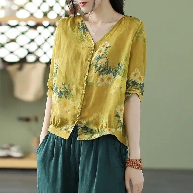 Ladies Printed Vintage Women's V-Neck Tops Casual Loose Cotton Linen Thin Section Half Sleeve Shirt