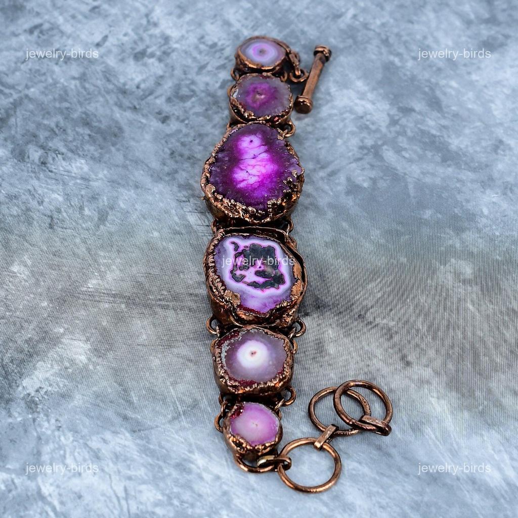 Natural Pink Solar Quartz Boho Friendship Electroformed Bracelet Jewelry Copper VP-120