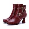 Fashion Red High Heels Handmade Genuine Leather Patchwork Printed Women's Short Boots