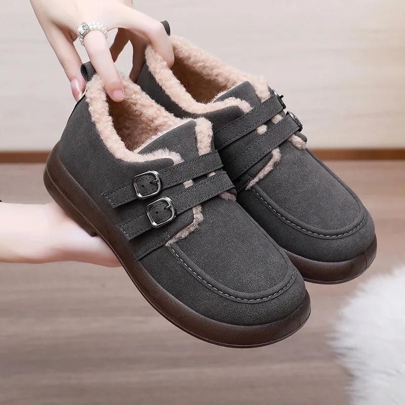 Fashion Woman Casual Cotton Boots Solid Color Comfortable Fur Loafers Women Winter Warm Footwear Female Double Buckle Plush Flat Shoes