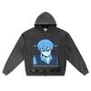 DTG Print Knitted Denim Zip-Up Hoodie Anime Streetwear 34 Brother Print Zipper Hoodies  