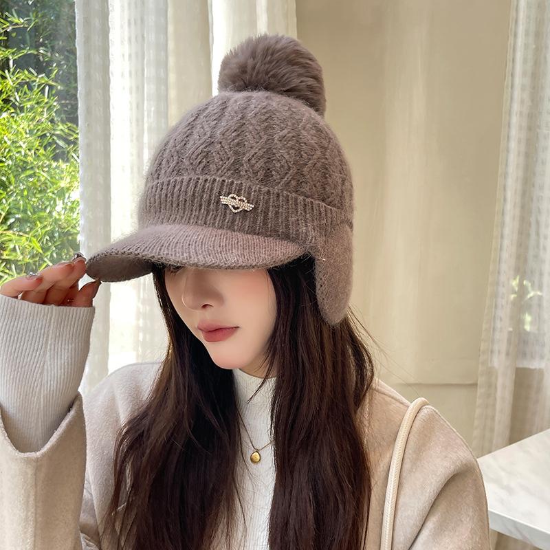 Autumn and Winter Ladies Rabbit Ears Knitted Hat Padded Warm Ear Protection Cap Wool Hat Thickened Duck Tongue Hat Beret