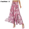 Women's Printed Trousers Elastic Belt Wide Leg High Waist Long Culottes