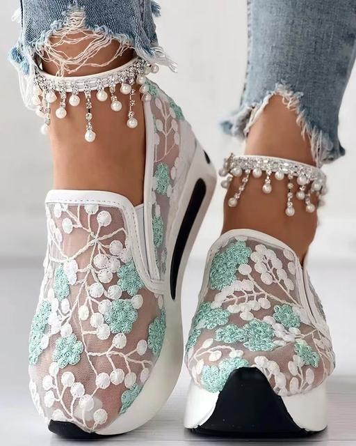 Women's Sneakers Floral Embroidery Mesh Sneakers for Women Slip On Casual Comfy Heeled Shoes Woman
