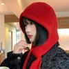 Red Balacrafa Cap for Women's Autumn and Winter Warmth Thickened Knitted Cap Scarf One Piece Ear Protecting Woolen Cap Trendy