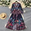 Bohemian Floral Chiffon Summer Dresses for Women 2025 Runway V-Neck Long Lantern Sleeve Sashes Beach Holiday Dressess Boho Robe