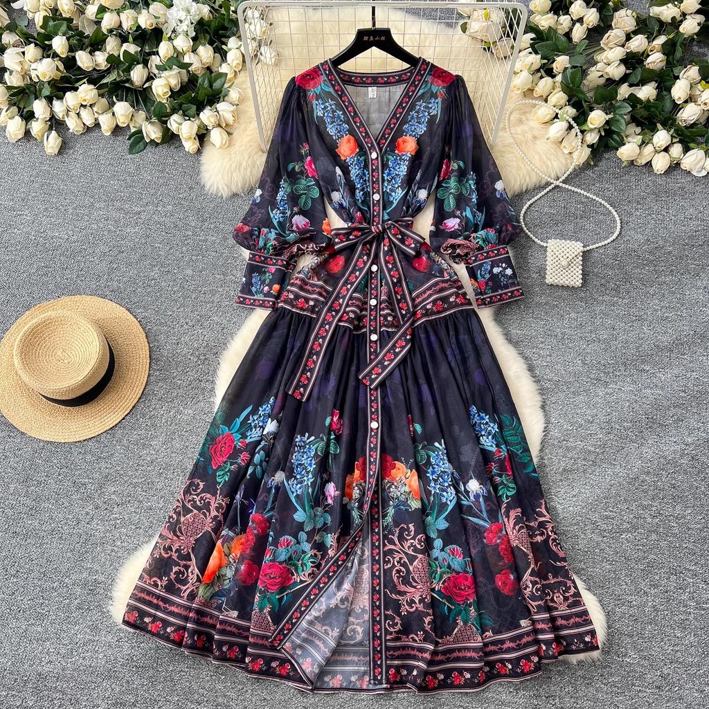 Bohemian Floral Chiffon Summer Dresses for Women 2025 Runway V-Neck Long Lantern Sleeve Sashes Beach Holiday Dressess Boho Robe