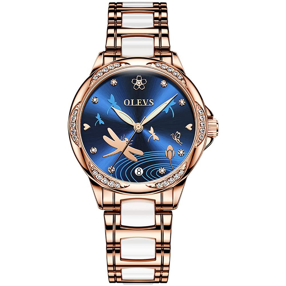 OLEVS Japanese Ceramic Diamond Easy To 30M Water Gift for Watch for Gold Blue Women's Watch, Automatic, Mechanical, Quartz, Belt, Dial, Luminous,