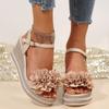 New Muffin Thick-soled Wedge Sandals Women's Spring and Summer New Rhinestone Flowers One-word Buckle with High-heeled Sandals