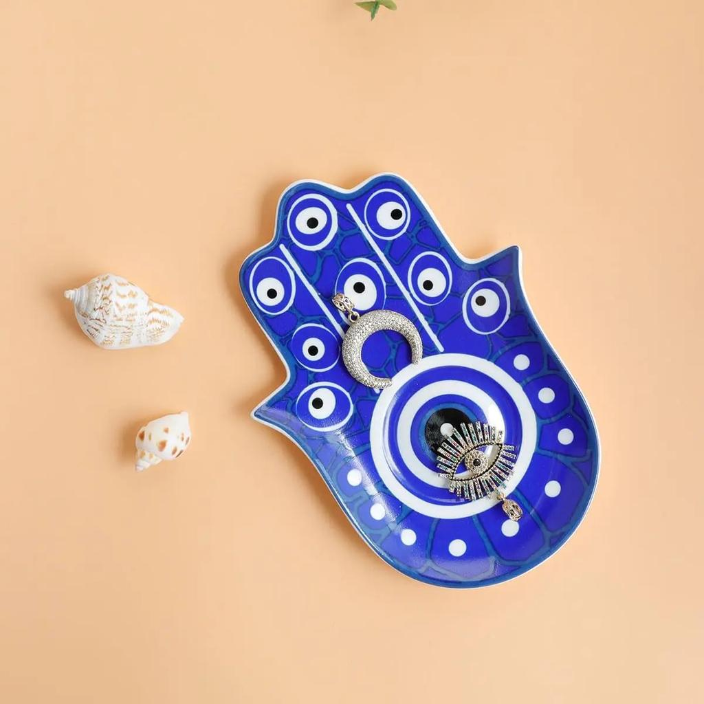 Evil Eye Hand of Fatima Holder,Jewelry Tray, Ring Dish,Decorative White Ceramic Ring Tray for Jewelry, Key Bowl