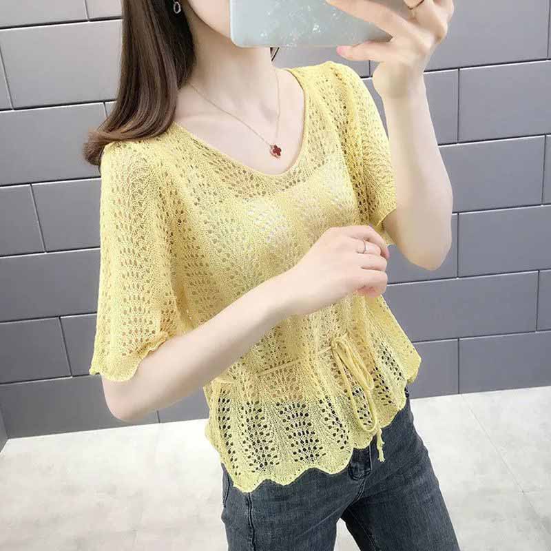 Korean Loose Drawstring Hollow Knit Pullover Blouse Short Sleeve Versatile Thin Sweater Women