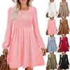 Womens Puff Long Sleeve High Waist Casual Knit Crewneck Knee Length Dresses