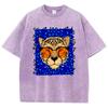 Woman Washed T-Shirts Cartoons Comic Cheetah Print Short Sleeve Cotton Distressed Oversize Crewneck Tops Street Clothes