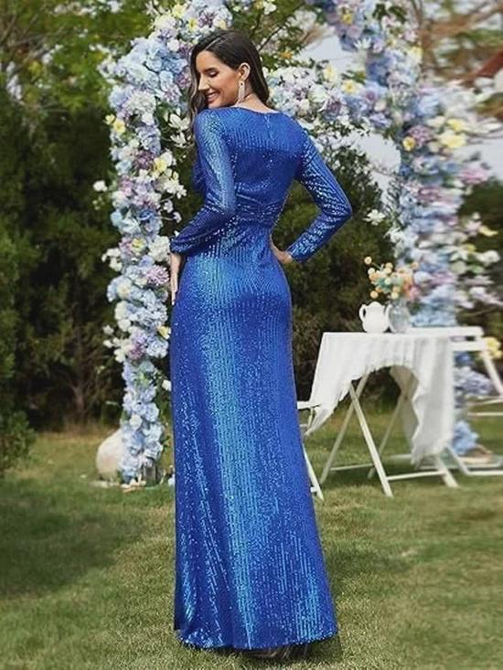 Spring Solid Color Sequin Long-Sleeve Evening Dress - 5 Colors