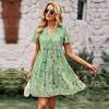 Floral Dress Women Spring Autumn V Neck Short Sleeve Loose Chic Printed S-XL