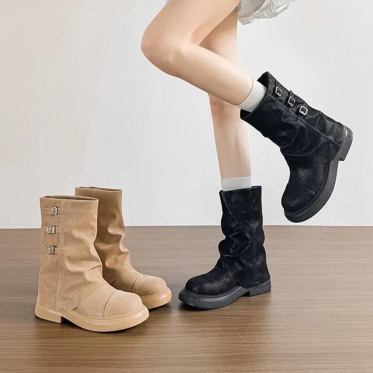 Cowhide Version Punk Thick-soled Western Cowboy Boots Belt Buckle Thick Heel Trouser Tube Boots Spice Girl Versatile Short Martin Boots