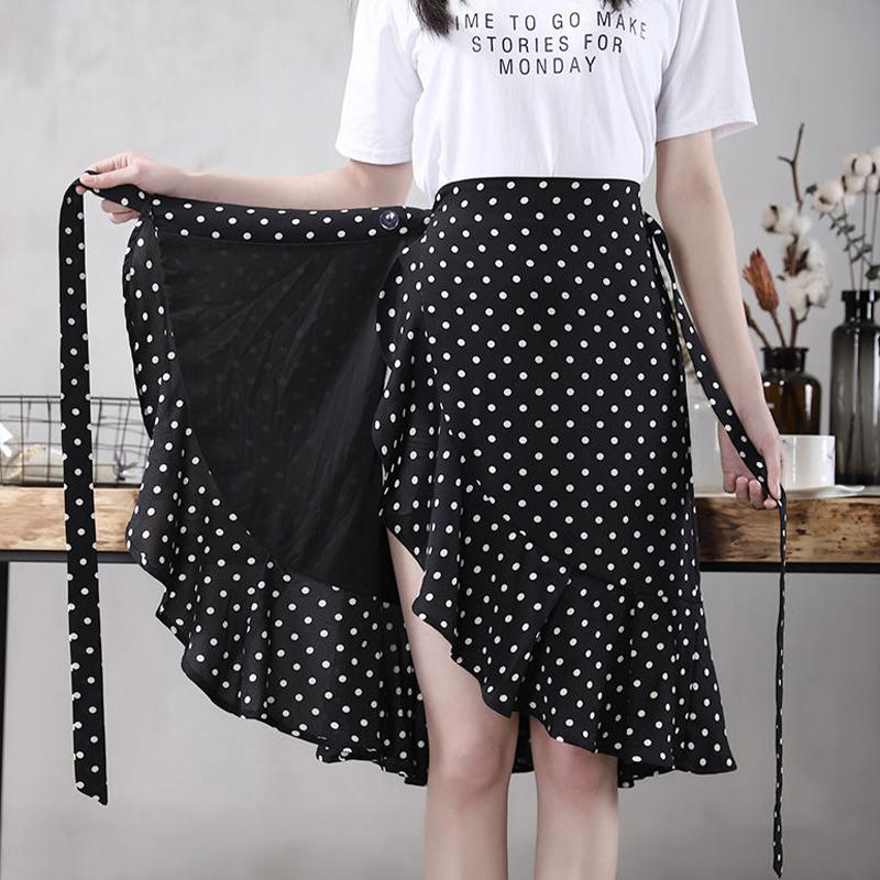 Summer Fashion Wrap Skirt Women Casual Chiffon One-Piece Lace-Up High Waist Irregular Ruffle Loose Polka Dot Skirts