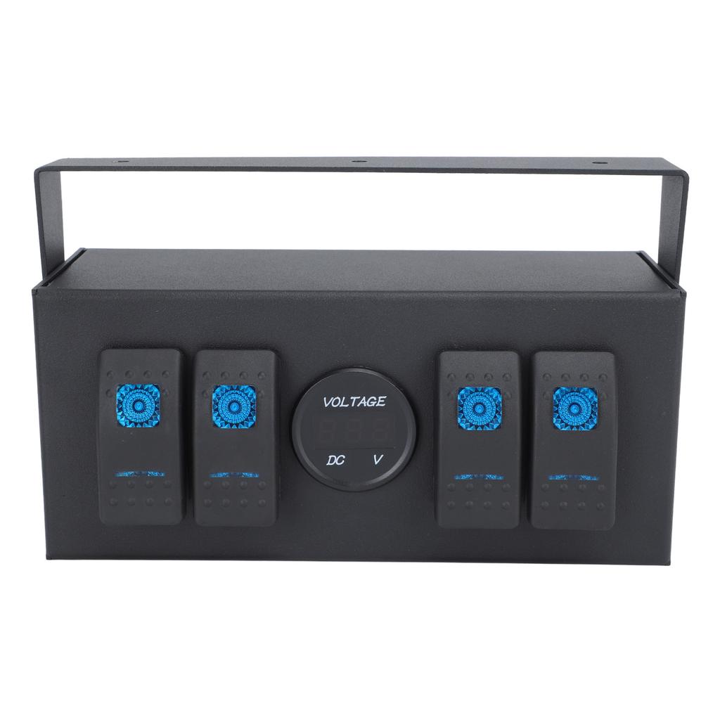 4 Gang Rocker Switch Box Waterproof On Off Switch Panel With Blue Light Voltage Display for Rv Boat Yacht