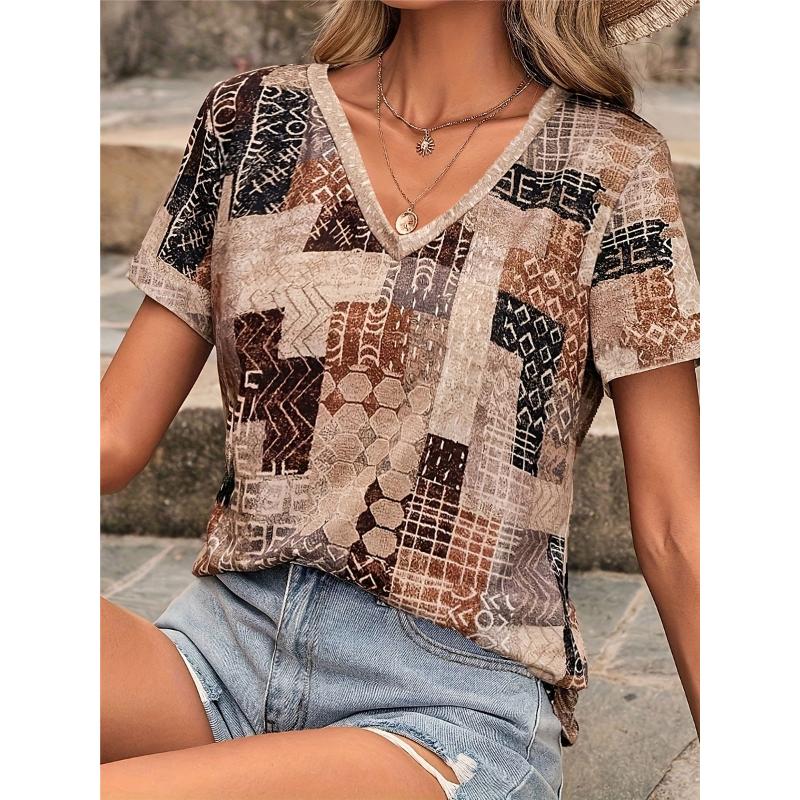 Summer Fashion Casual Geometric Patch Printed Short Sleeved Top V-neck Daily Women's T-shirts